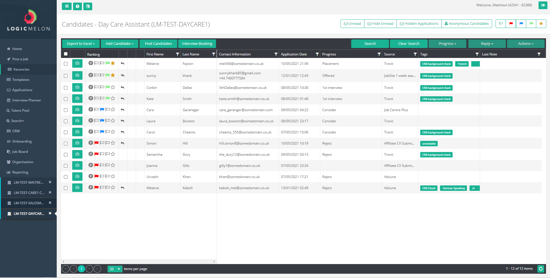 Applicant list screenshot